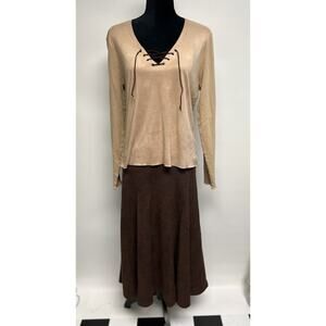 Vintage Womens Top Large Brown Faux Suede Hippie Western Boho 90s Y2K Grunge